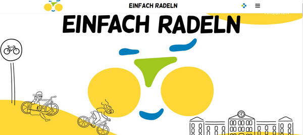 Zeichnung mit Radfahrern und Universitätsgebäude, Überschrift Einfach radeln